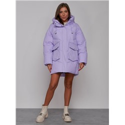 Зимняя женская куртка модная с капюшоном фиолетового цвета 52310F