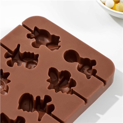 Форма для леденцов Доляна «Дино», 14×11×1,5 см, 8 ячеек, цвет шоколадный