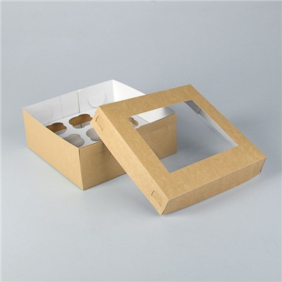 Коробка для капкейков с окном на 9 шт ,крафт, 25 х 25 х 10 см