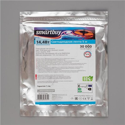 Светодиодная лента Smartbuy 5 м, IP20, SMD5050, 60 LED/м, 14.4 Вт/м, 12 В, RGB