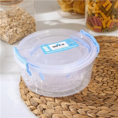 Набор контейнеров пищевых RICCO, 3 шт: 0,3 л, 0,6 л, 1,2 л, круглые, цвет прозрачный, голубой