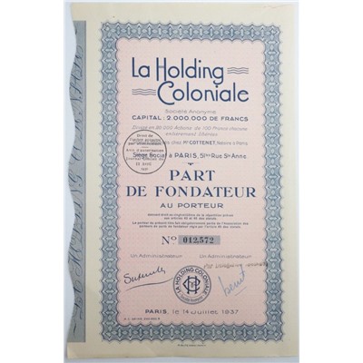 Акция Колониальный холдинг (Африка), 100 франков 1937 года, Франция