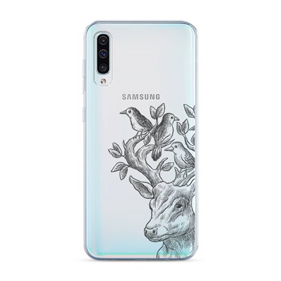 Силиконовый чехол Олень с птичками графика черная на Samsung Galaxy A50