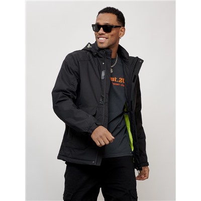 Куртка спортивная мужская весенняя с капюшоном черного цвета 88025Ch