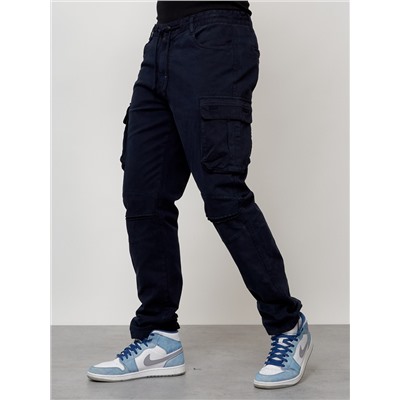 Джинсы карго мужские с накладными карманами темно-синего цвета 2401TS
