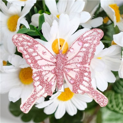 Бабочки для декора и флористики, на прищепке, пластиковые, розовые, микс, 5 см и 8 см