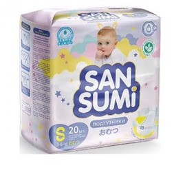 Подгузники, размер S (3-6 kg) «Sansumi», в упаковке 20 шт. Вес 470 гр. KDV