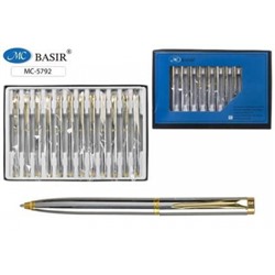 Ручка шариковая поворотная, металл. корпус серебро, клип и наконечник-золотые, синяя МС-5792 Basir