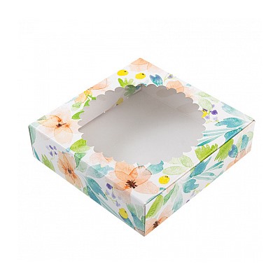 Коробка для печенья 12*12*3 см с окном "Цветы акварель"