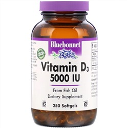 Bluebonnet Nutrition, Витамин D3, 5000 МЕ, 250 желатиновых капсул