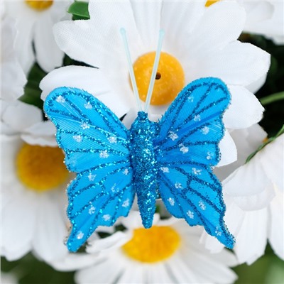 Бабочки для декора и флористики, на прищепке, пластиковые, синие, микс, 1 шт., 5 см и 8 см
