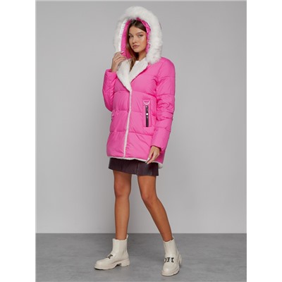 Куртка зимняя женская модная с мехом розового цвета 133120R