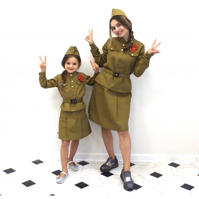 Детский костюм солдатки + оригинальная пилотка и ремень со звездой + георгиевская лента и звезда