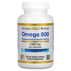 California Gold Nutrition, омега 800, рыбий жир фармацевтической степени чистоты, 80% ЭПК/ДГК, в форме триглицеридов, 1000 мг, 90 капсул из рыбьего желатина