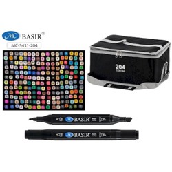 Набор 204 скетч маркеров перманентных 1,0-7,0 мм, черный четырехгранный корпус, в тканевой сумке с ручкой + плечевой ремень МС-5431-204 Basir