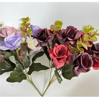 Цветы искусственные декоративные Розы + фиалки + зелень 5 веток 30 см