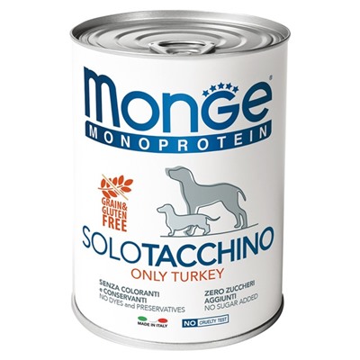 Влажный корм Monge Dog Monoproteico Solo для собак, паштет из индейки, ж/б, 400 г