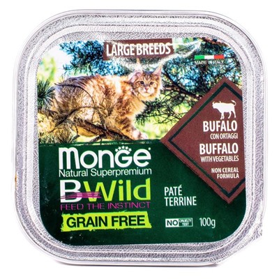 Влажный корм Monge Cat BWild GRAIN FREE для крупных кошек, мясо буйвола/овощи, 100 г