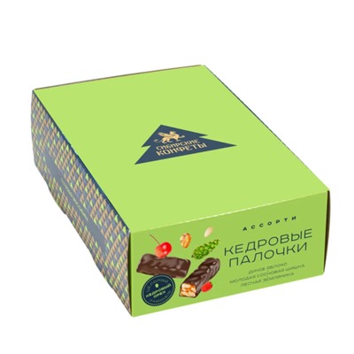 Кедровые палочки ассорти / яблоко, шишка, земляника / шоу-бокс / 540 г / Сибирские конфеты