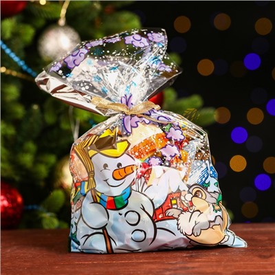 Пакет подарочный "Снеговик и заяц" 25 х 40 см, цветной металлизированный рисунок