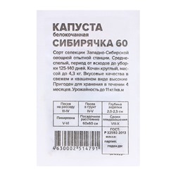 Семена Капуста "Сибирячка 60", 0,3 гр.