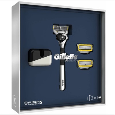 Набор подарочный Джиллетт(ʤɪˈlet) Fusion-5 ProShield Premium 3 предмета (Бритва +3 сменные кассеты +Подставка) в коробке (ОГРАНИЧЕННАЯ СЕРИЯ)