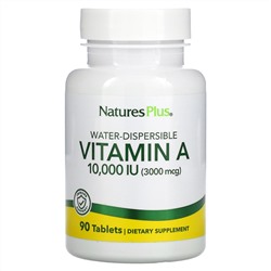 Nature's Plus, водно-диспергируемый витамин А, 10 000 МЕ (3 000 мкг), 90 таблеток