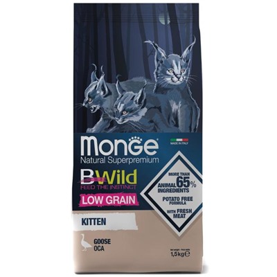 Сухой корм Monge Cat BWild LOW GRAIN Kitten для котят, низкозерновой, из мяса гуся, 1,5 кг