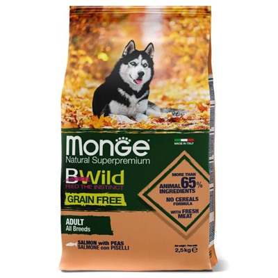 Сухой корм Monge Dog BWild GRAIN FREE для собак, беззерновой, лосось, 2,5 кг