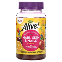 Nature's Way, Alive! добавка с коллагеном и биотином для волос, кожи и ногтей, со вкусом клубники, 60 жевательных таблеток