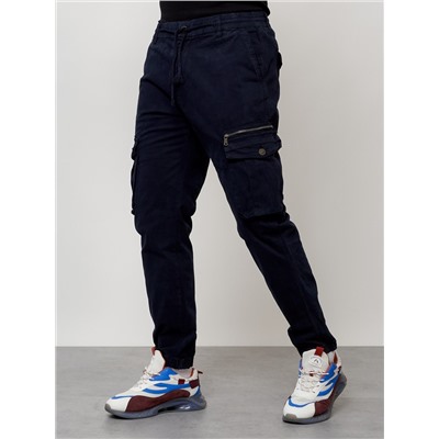 Джинсы карго мужские с накладными карманами темно-синего цвета 2402TS