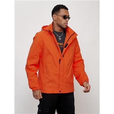 Куртка спортивная мужская весенняя с капюшоном оранжевого цвета 88022O
