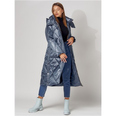 Пальто утепленное стеганое зимнее женское  синего цвета 448601S