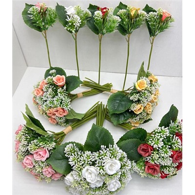 Цветы искусственные декоративные Букет роз 10 отдельных веток + зелень 28 см