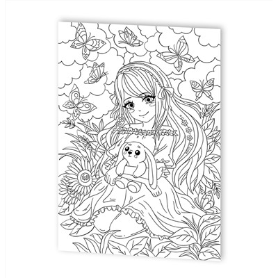 Раскраска в стиле ANIME "Девочка с зайкой" (формат А3)