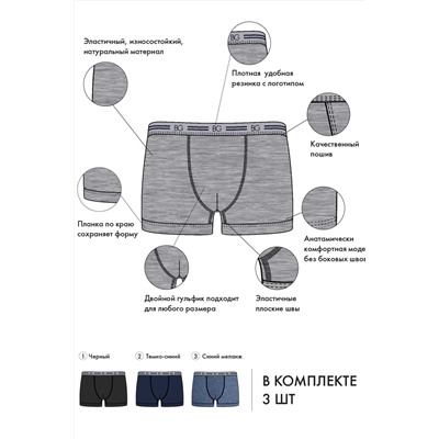 Набор трусов (3 шт.) BeGood UM1201 Underwear черный/темно-синий/синий меланж