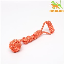 Игрушка канатная плетеная с ручкой, до 38 см, до 180 г, шар 7 см, оранжевая