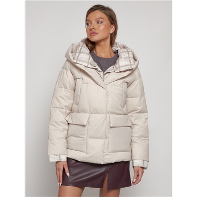 Зимняя женская куртка модная с капюшоном бежевого цвета 133105B