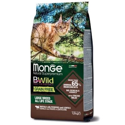 Сухой корм Monge Cat BWild GRAIN FREE для крупных кошек, беззерновой, мясо буйвола, 1,5 кг