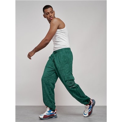 Широкие спортивные брюки трикотажные мужские зеленого цвета 12932Z